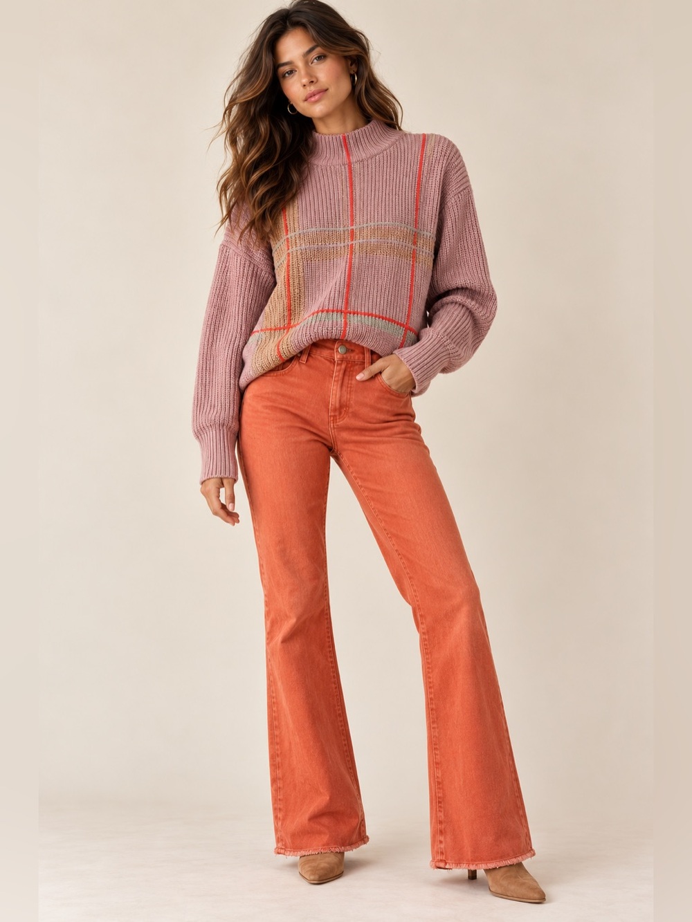 Line & Dot Mauve Plaid Crewneck Sweater with Rust Accents